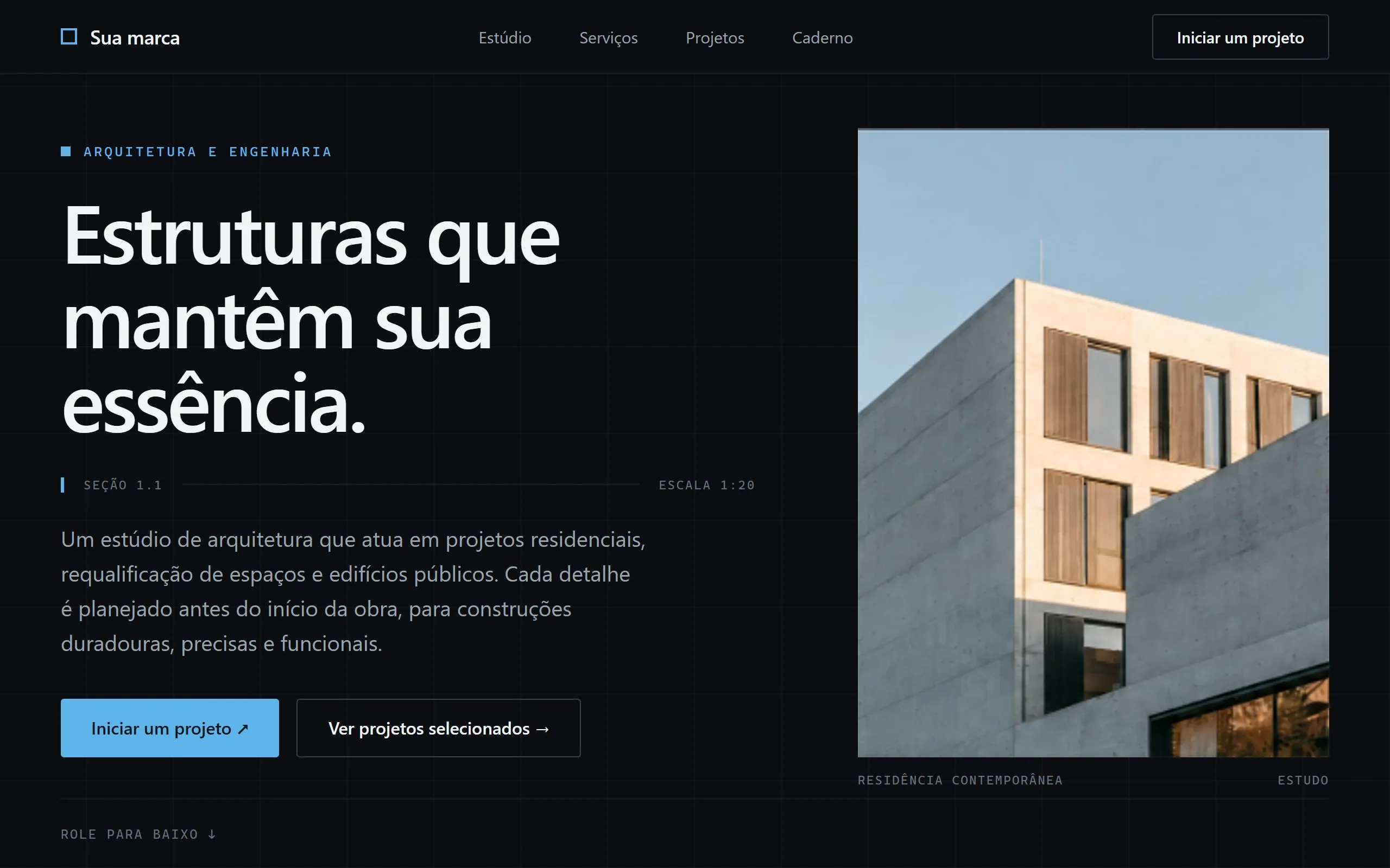 Estudo conceitual de site institucional de arquitetura: página escura com grade ao fundo, manchete em duas linhas, dois botões e fotografia de um edifício de concreto.