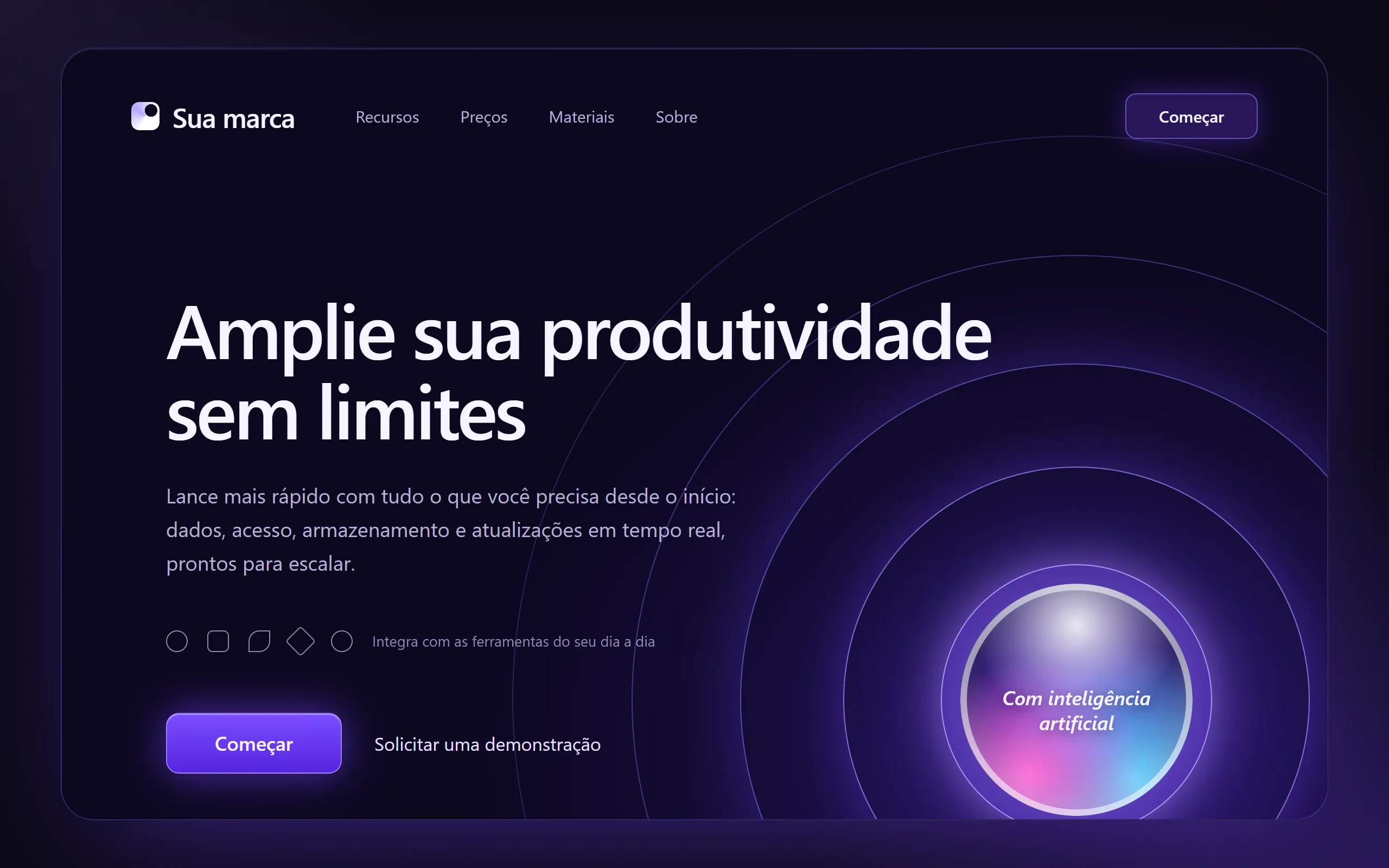 Estudo conceitual de landing page de software: painel escuro em tons de violeta com anéis luminosos, manchete, botão principal e uma esfera de vidro em destaque.